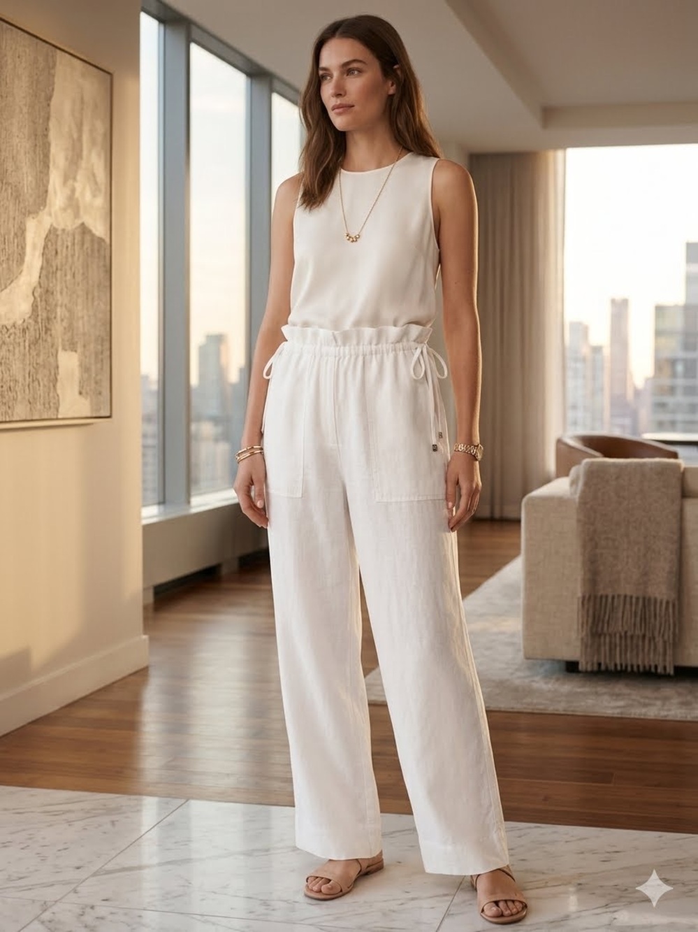 Club Monaco Women's White Wide-Leg Linen Pants with Paperbag Waist Lined